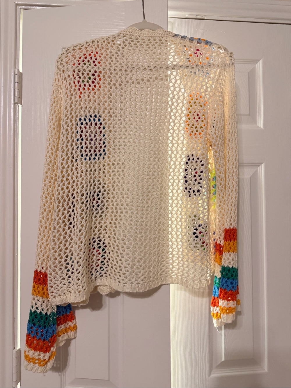 Cream Crochet Open-Front Sweater with Multicolor Squares - Picture 2 of 2